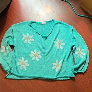 POL Turquoise daisy Floral V-Neck over sized Sweater‎ size L
